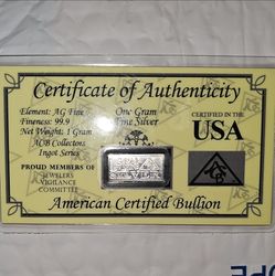 American Certified Bullion 1g .999 Fine Silver Bar w/ Certificate