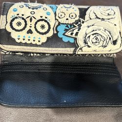 Vtg Loungefly Wallet Sugar Skull Dia De Los Muertos Hearts Black And White Large