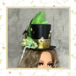 FEATHER MINI TOP HAT FLOWER GREEN FRINGE BEAD ST PATTY STEAMPUNK BLING BLACK GEM