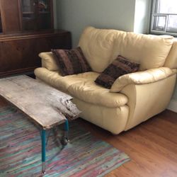 Cream Leather Love Seat 