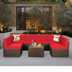 Saval Six Person Outdoor Rattan Furniture Set With Red Cushions By Latitude Run