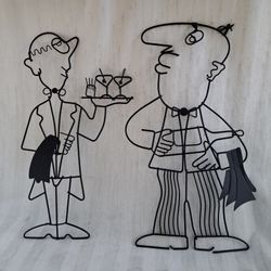 Playful Pair of Black Bent-wire Wall Sculptures Waiter and Dapper Bartender
