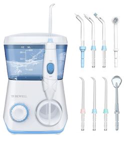 Water Flossing Oral Irrigator, 600ML Dental Cleaner 10 Adjustable Pressure, Electric Oral Flosser for Teeth/Braces, 8 Replacement Jet Tips for Family 