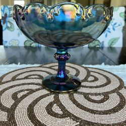 Vintage Indiana Glass Co, Peacock Blue Iridescent Teardrop Garland Carnival Glass, Compote/Pedestal Bowl, Fruit Bowl
