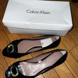 Ladies sz 9.5 like new w/ box CALVIN KLEIN Black Denim Gia Peep Toe Ballet Flats