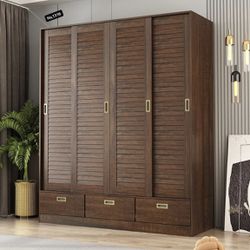 Large Wardrobe Armoire with 4 Sliding Doors, 3 Drawers, Hanging Rods & Storage Shelves, Wooden Closet Storage Cabinet with Silver Handles for Bedroom,