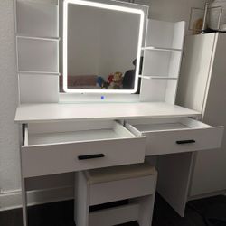 Small desk with mirror and lights, makeup dresser with 2 large drawers and stool, white dresser for girls' bedroom