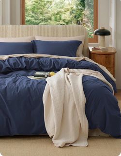 Queen Size 100% Washed Cotton Duvet Cover Set, 3 Piece - Navy Blue