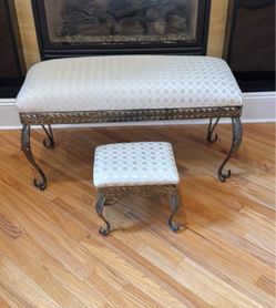 Gold metal vanity bench with Cream patterned upholstered cushion & matching footrest Price is firm!!