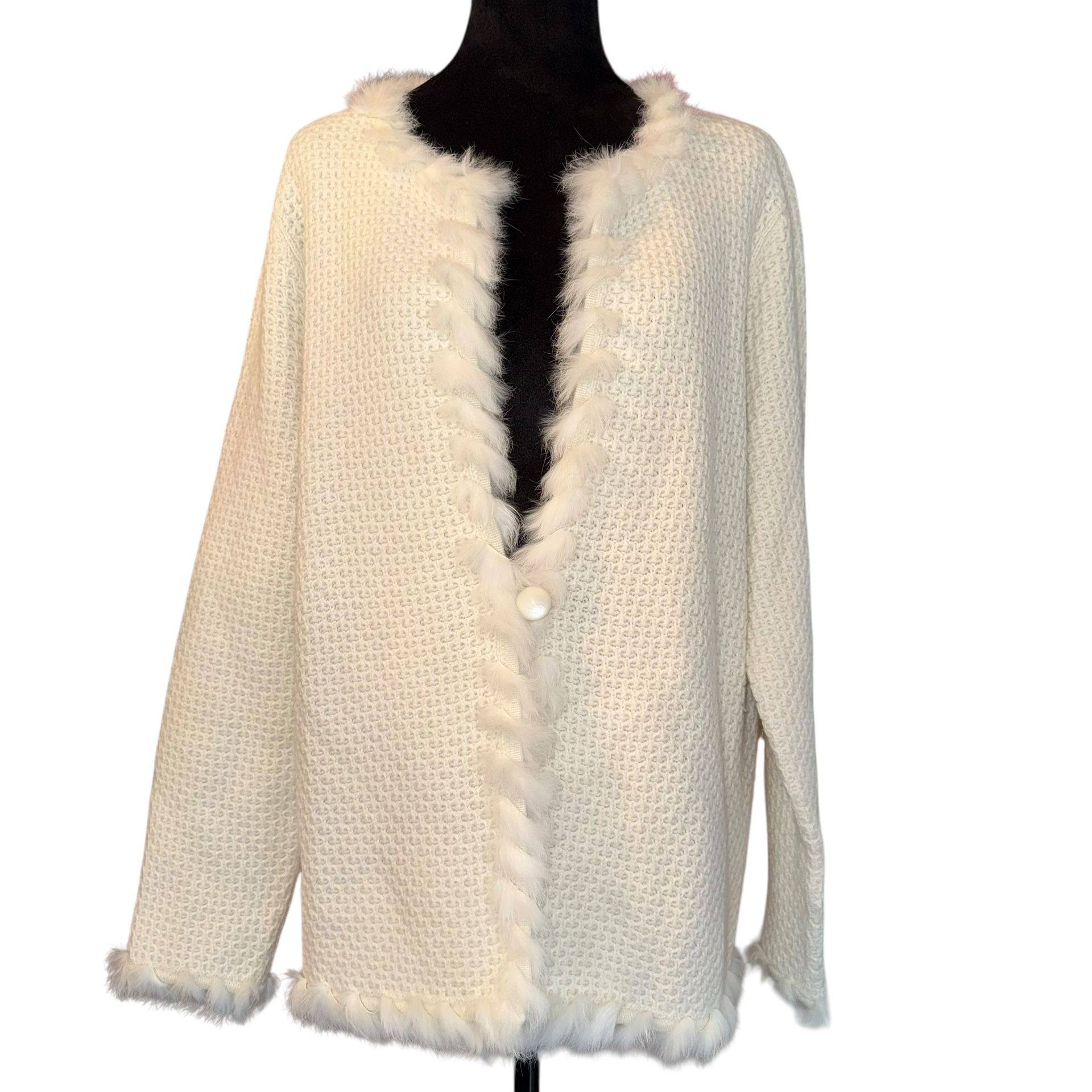 Jones New York Signature Woman Cream Cardigan Wool Angora Rabbit Sweater Size 1X   Chest 23” across pit to pit  Shoulders 16” across Length from pit 1