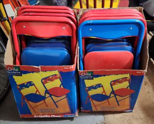 Set of 10 Vintage Child Guidance Red & Blue Folding Activity Chairs, Metal Base, Soft Seat