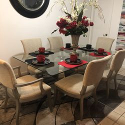 Ethan Allen Glass Dining Table Set – 6 Chairs – Modern Elegant Dining Room Set