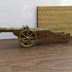 Antique Brass Miniature Replica of 1651 Cannon with Wooden Cart
VintageArtperience
