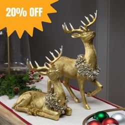 Set of 2 Northlight Reindeer w/ Wreaths Figurines – Gold