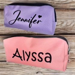 Back to school pencil pouch cosmetic bag personalized with glittery name for women & teens , custom school supplies  