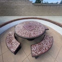Outdoor Mosaic Patio Table w/ Curved Bench Seating – Heavy & Durable