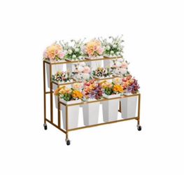 Flower Display Stand with 12 Square Buckets,Metal Flower Cart with Wheels for Patio, Garden, Shop, Indoor and Outdoor,Gold for Patio, Garden, Shop, In