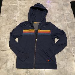 Aviator Nation 5 Stripe Hoodie Full Zip Navy Blue Sweater Women’s SZ M Rainbow