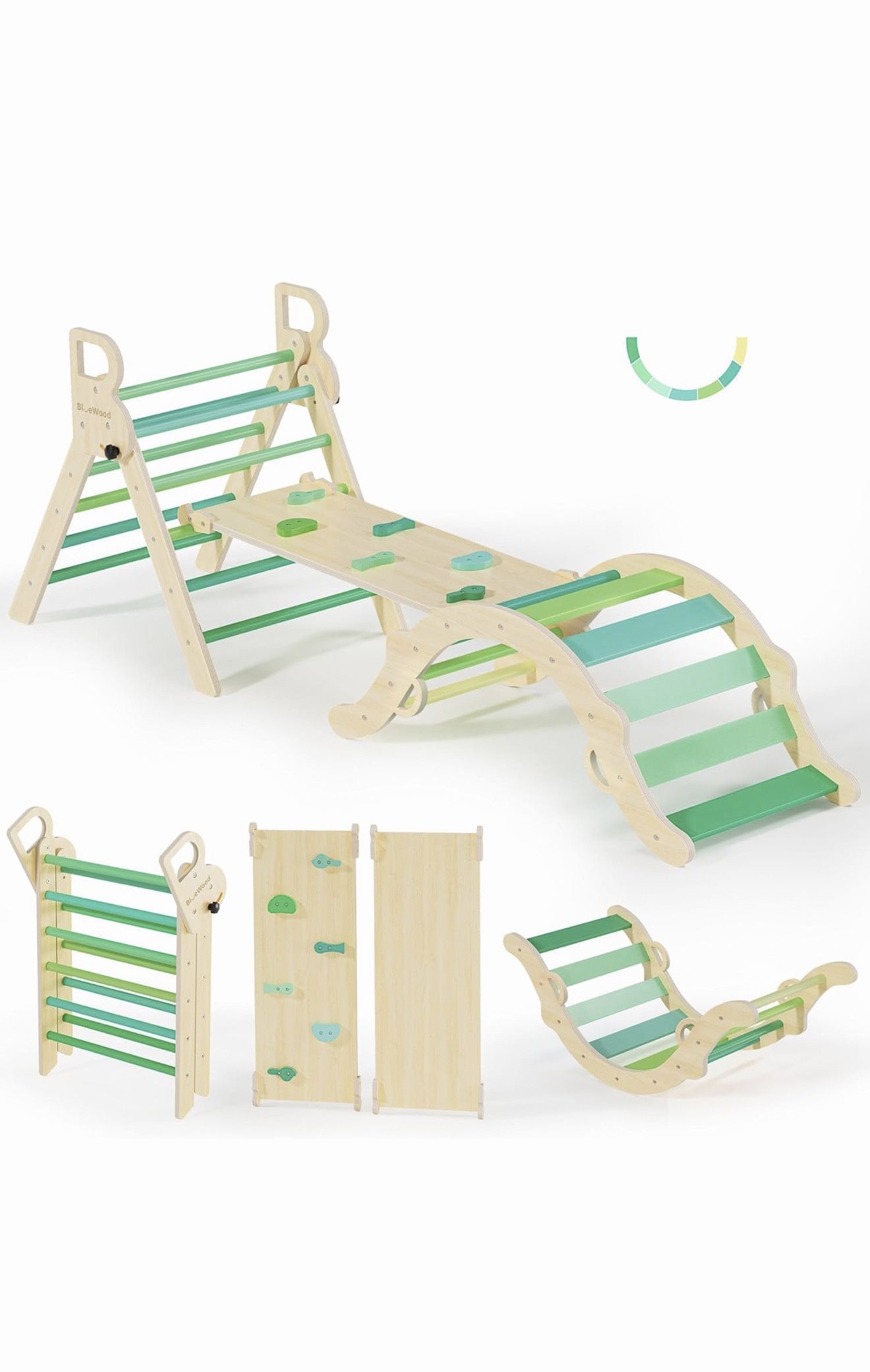 BlueWood Pikler Triangle Set, Toddler Wooden Climbing Toys Indoor 7in1 Foldable Climber for Kids, Montessori Philosophy Play Jungle Gym with Arch, Ram