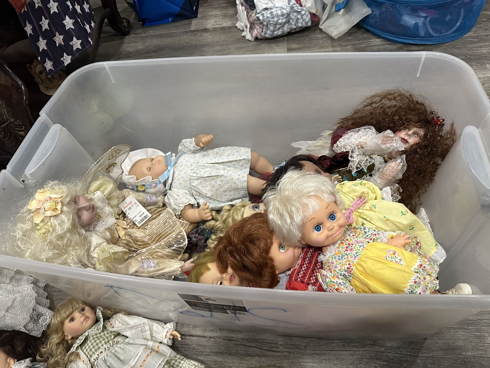 Box of 18 antique dolls