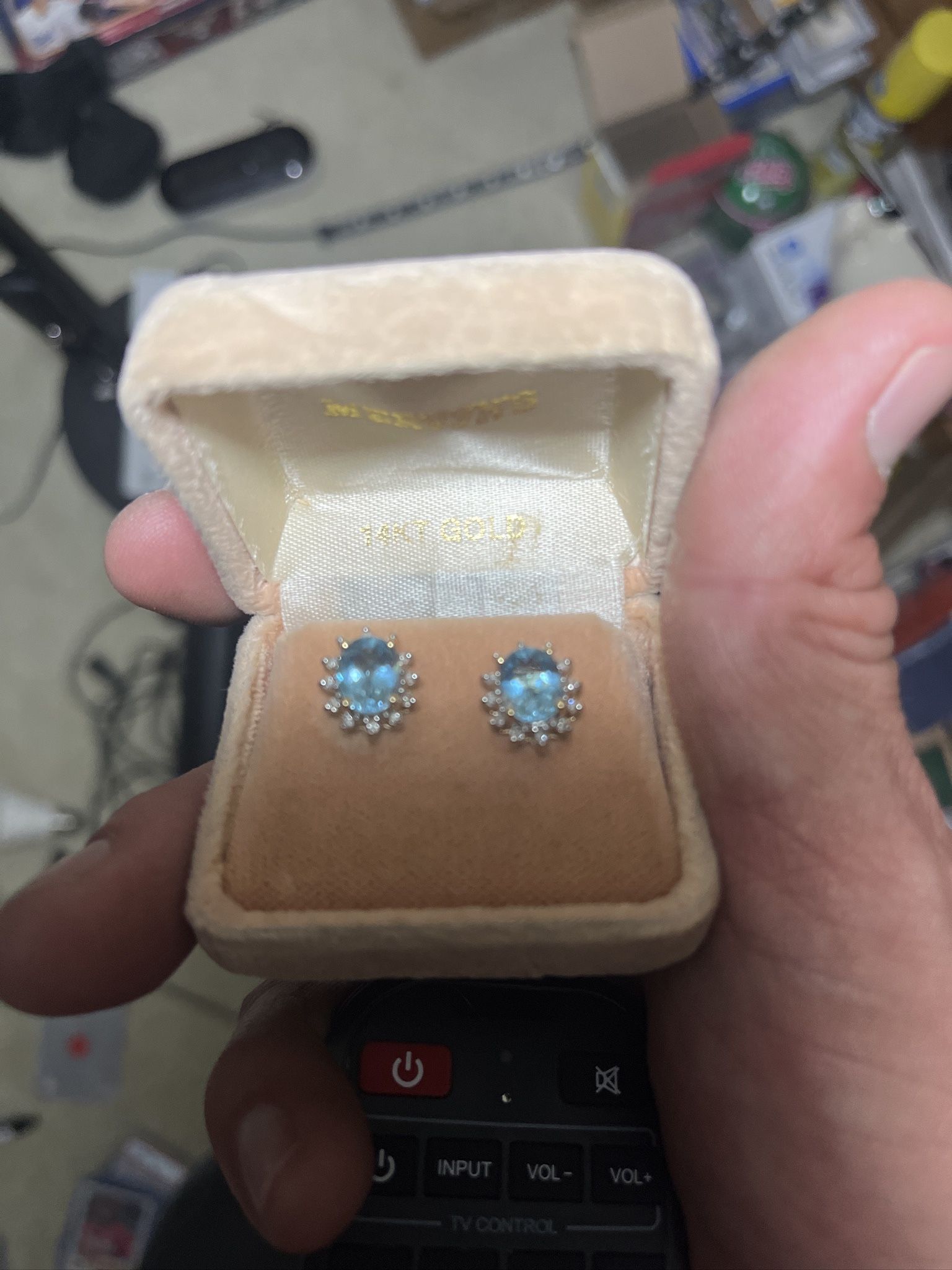 💎 14K Gold Blue Topaz & Diamond Halo Jewelry Set — Pendant + Matching Earrings