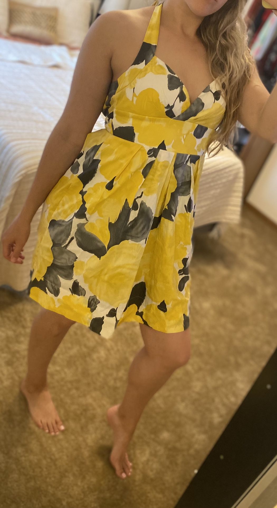 Yellow and gray flower print halter top sundress