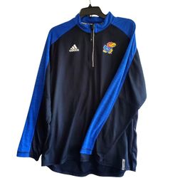 Kansas University Adidas L Black/Blue 1/4 Zip Up Long Sleeve Pullover Shirt 