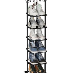 Brandnew 6 Tiers Vertical Shoe Rack for Small Space Corner Shoe Storage Organizer Sturdy Metal Skinny Shoe Rack Shelf with Hooks Narrow Free Standing 