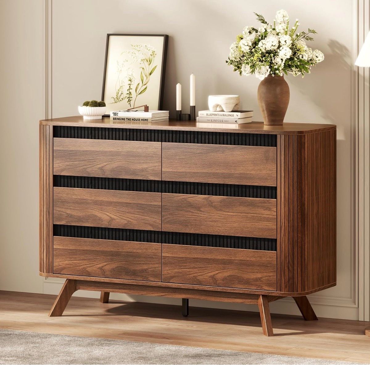 Drawer Dresser for Bedroom,Mid-Century Walnut Chest of Drawers 47 inch Long,Wooden Bedroom Dressers TV Stand, Curved Edge Design