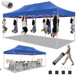 10 x 20 feet foldable awning, resistant, easy to install, outdoor commercial tents for parties with 3 adjustable heights UV 50+ and waterproof, blue (