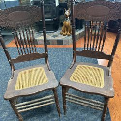 2 Antique Cane Seat Oak Pressed Back Chairs. You Must Pickup