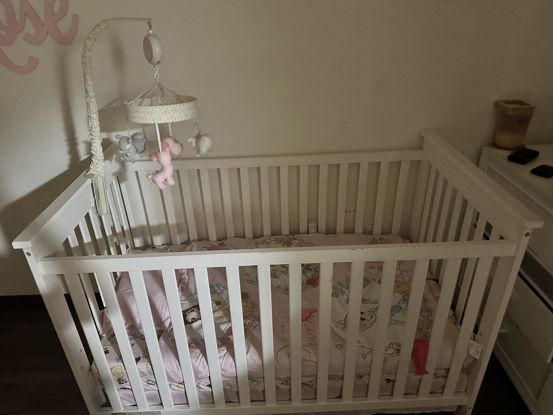Crib + Mattress + Princess Bedding + Crib Musical