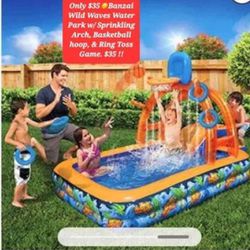 $35☀️Water Park w/ Sprinkling Arch, Basketball hoop, & Ring Toss Game By Banzai Wild Waves $35 !!