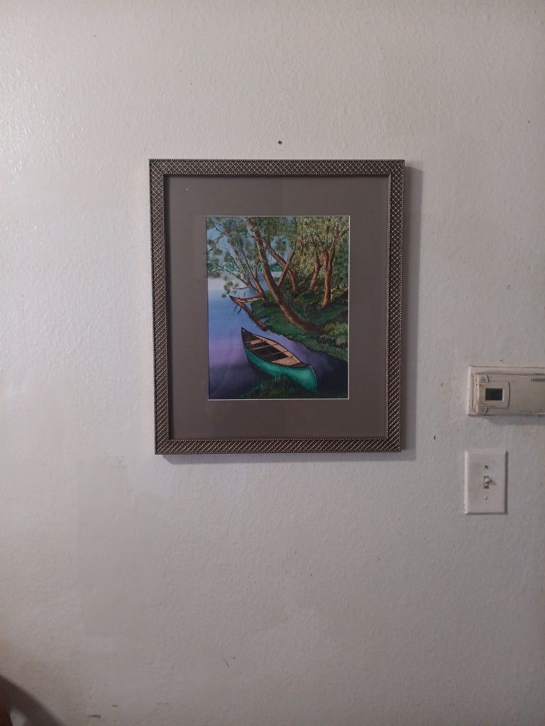 PAINTING OF CANOE ON A LAKE