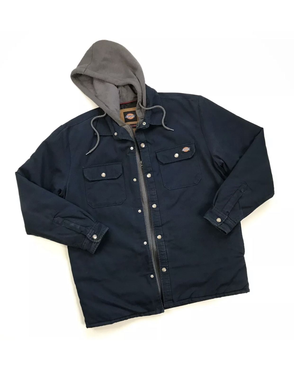 DICKIES QUILT JACKET HOODIE LARGE L MENS BLUE CANVAS DUCK SNAP FULL ZIP VINTAGE