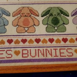 Bunnies And Carrots Hand Stitched Framed Vtg