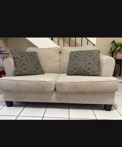 Beige Fabric Loveseat with Accent Pillows