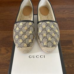 Gucci Flat Pilar GG Espadrille With Golden Bee