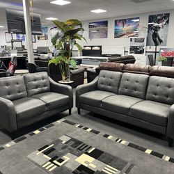 2PC Gray Leather Sofa & Loveseat 