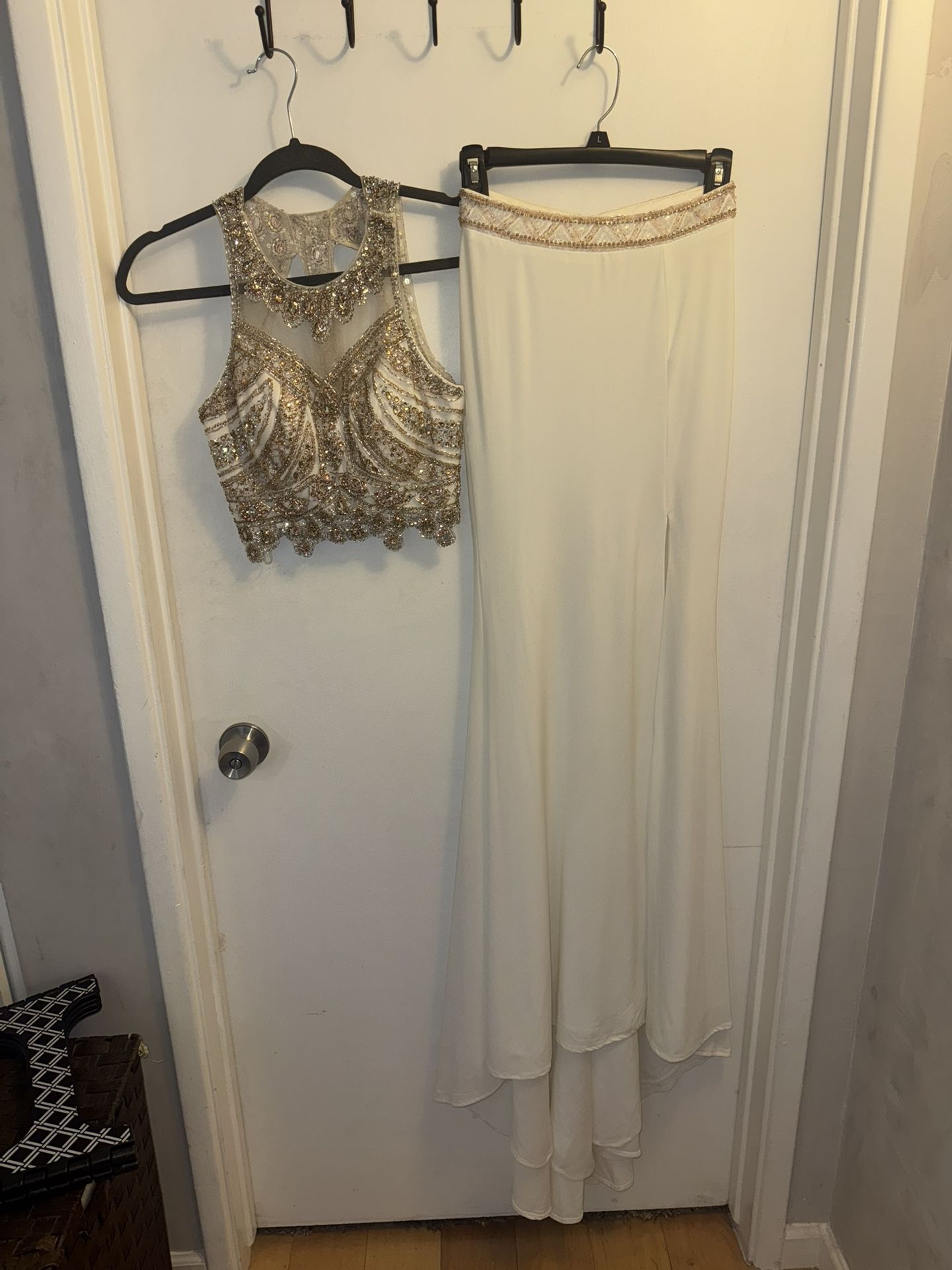 Elegant White & Gold Embroidered Two-Piece Dress