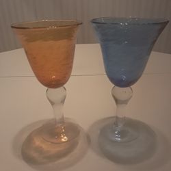 Iris Seeded Bubble Hand-Blown  Water/Wine Goblets 