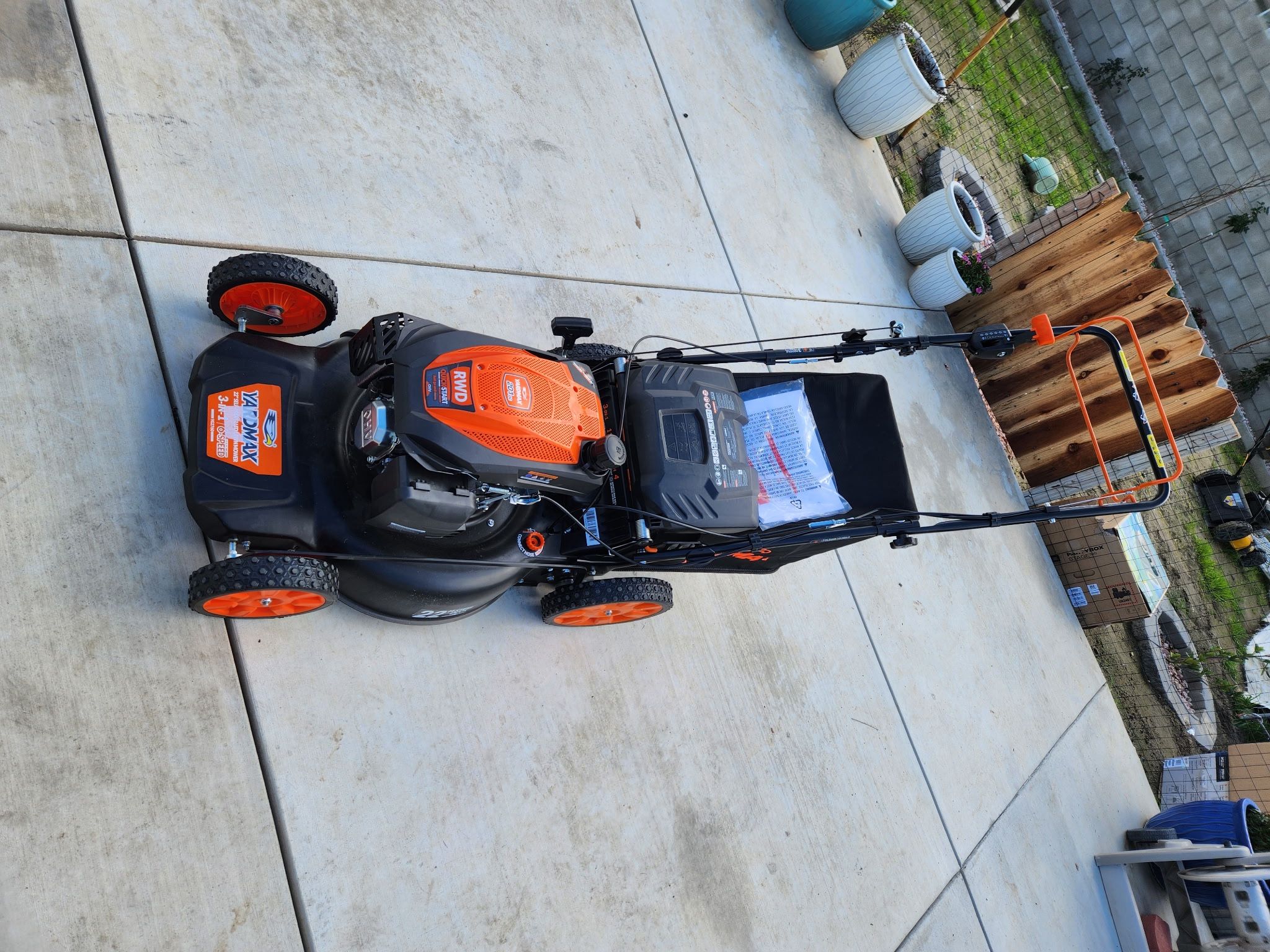 Best Seller YARDMAX 22 in. 201 cc SELECT PACE 6 Speed CVT High Wheel RWD 3 in 1 Gas Walk Behind Self Propelled Lawn Mower