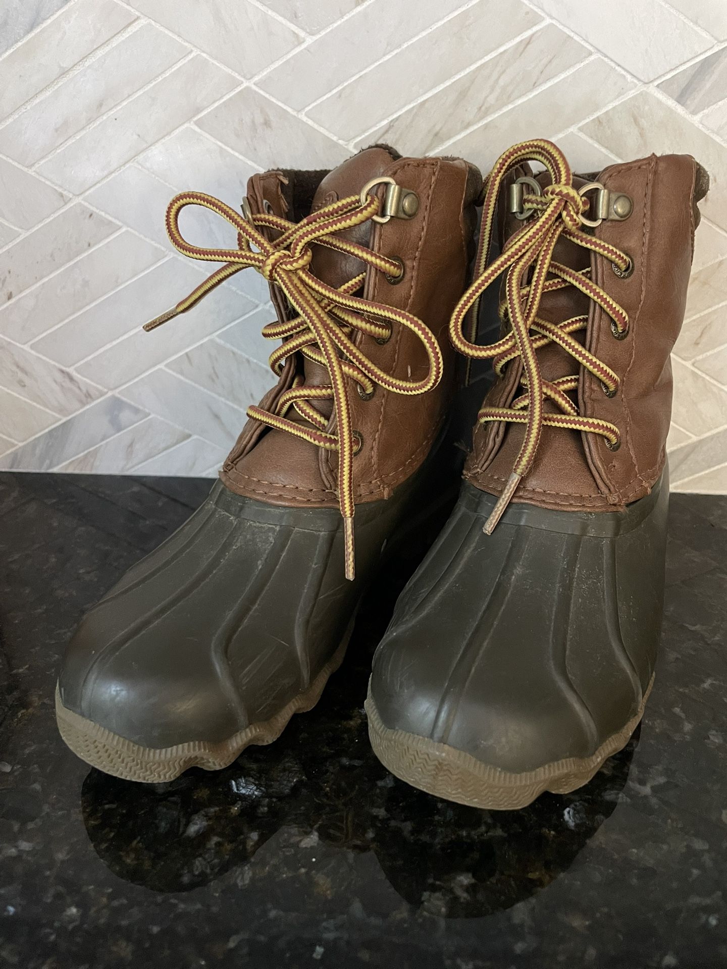 Sperry Port Duck Brown Tan Youth Size 1M Long Waterproof Rubber Boots