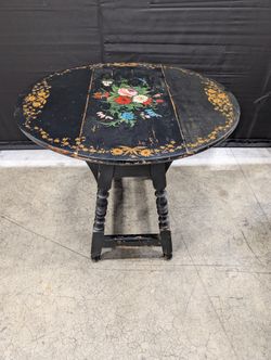 Vintage Hand-Painted Floral Drop-Leaf Accent Table