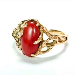 14k Coral Ring Ox Blood Red Mediterranean Coral Yellow Gold Size 8