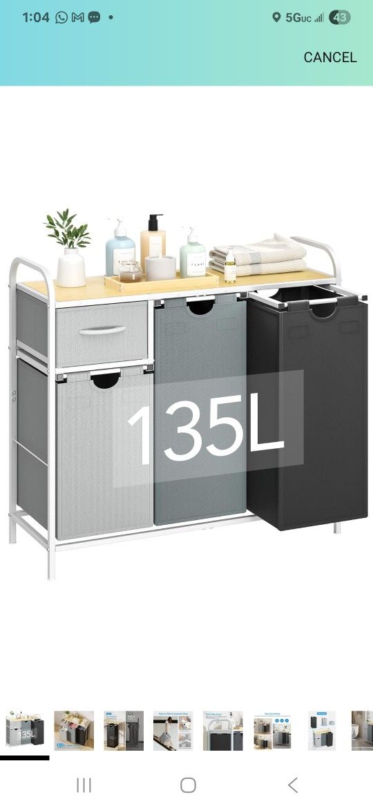 Yecaye Laundry Sorter 3 Section, Laundry Hamper with Shelf and 1 Drawer, 35.7Gal(135L) Clothes Basket Organizer, Pull-Out and Removable Oxford Fabric