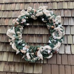 2 Large Decorative 5’ diameter Holiday Wreaths & 2 Spruce Tip Holiday Pots