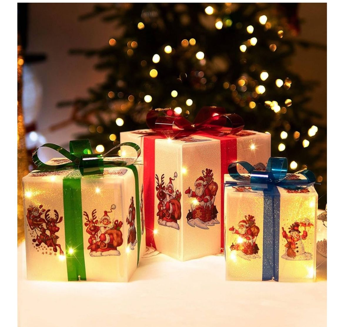 Rocinha Christmas Lighted Gift Boxes Decorations with Cute Images(Santa Claus Reindeer Snowman), Red Green and Blue Bow LED Present Boxes White Gift B
