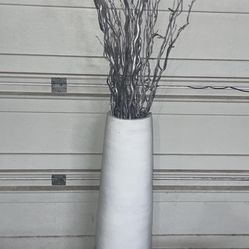 Modern White Floor Flower Vase,White for Home Decor, Centerpiece & SILVER GLITTERED BIRCH BRANCHES