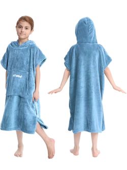 Hiturbo Kids Towel Changing Robe: Soft Plush Bath Towels - Warm Coral Fleece Hoodie - Swim Surf Poncho for 5-12 Years (Blue)